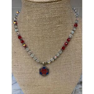 Red Clear AB Crystal Necklace with Quilt Sterling Silver Charm #vintage #quilter